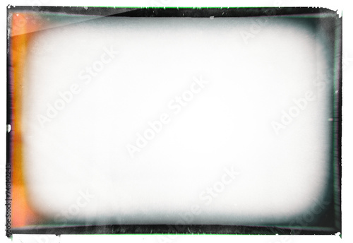 Artistic vintage wet plate photo frame template with vignetting, light leak and chromatic aberration on transparent background (png image). Useful for design, vintage film effects, and frames