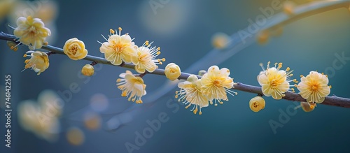 A delicate branch adorned with dainty little yellow Acaci flowers, captured in a close-up view.