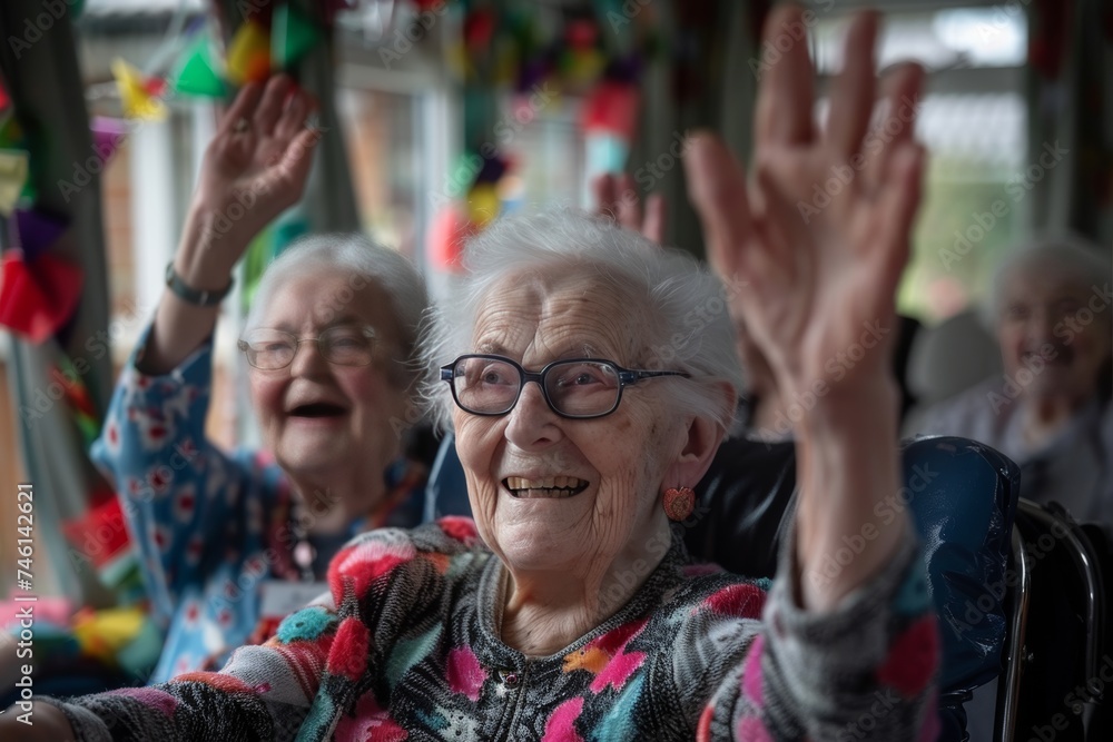 Group of joyful seniors in a nursing home setting Group of joyful seniors in a nursing home setting