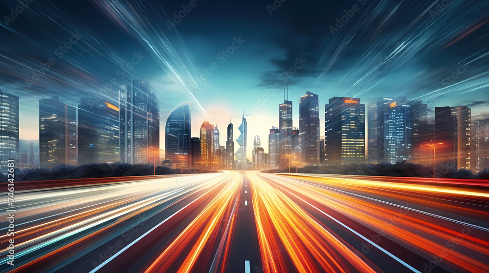 Abstract speeding motion blurred city and light trails, 3D rendering Abstract speeding motion blurred city and light trails, 3D rendering