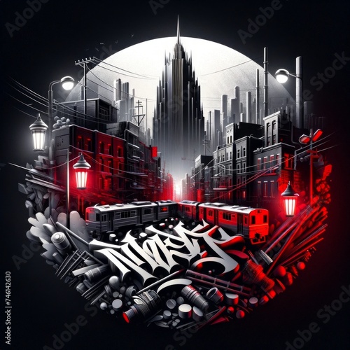 Stylized album cover for Russian rap music featuring a monochrome cityscape with red accents, graffiti lettering, and urban elements in a circular vignette composition.
 photo