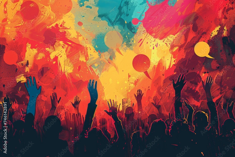 Colorful illustration of a group of people raising their hands and speech bubbles. Colorful illustration of a group of people raising their hands and speech bubbles.