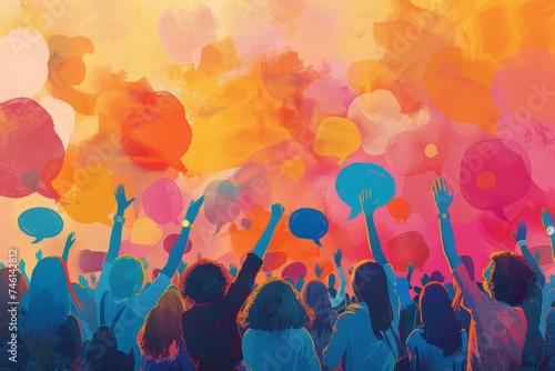 Colorful illustration of a group of people raising their hands and speech bubbles. photo