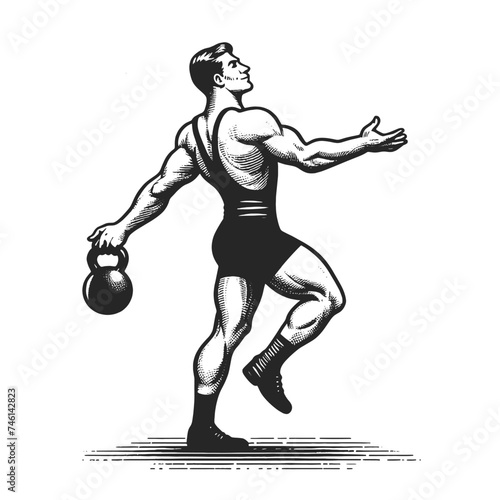 Strongman athlete with kettlebell weights sketch engraving generative ai fictional character vector illustration. Scratch board imitation. Black and white image.