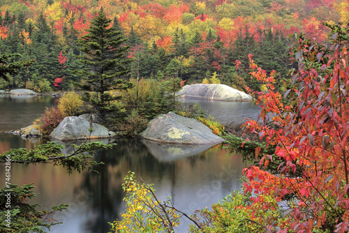 Autumn scene in the White Mountains. Vibrant fall foliage and evergreen trees surrounding Beaver Pond in scenic Kinsman Notch, Hew Hampshire. photo