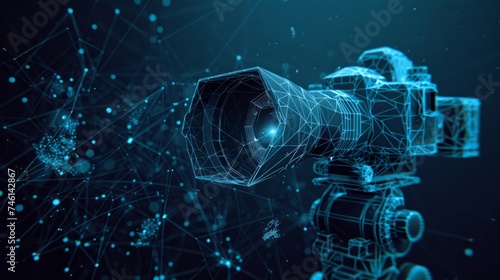 A polygonal movie camera with a video concept, depicted through vector cinema mesh spheres flying amidst debris. This thin line concept is illustrated in a blue structural style photo