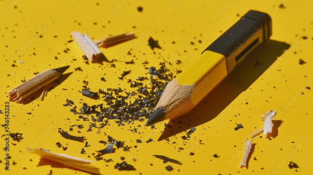 A simple pencil with an eraser, inserted into a plastic sharpener, placed on a yellow table near shavings