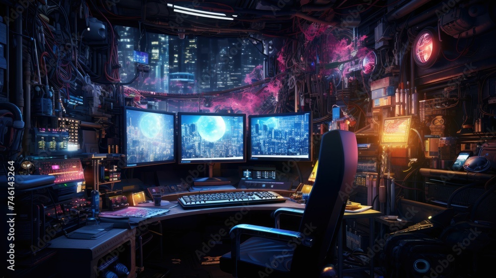 A high-tech control room with futuristic city views on screens