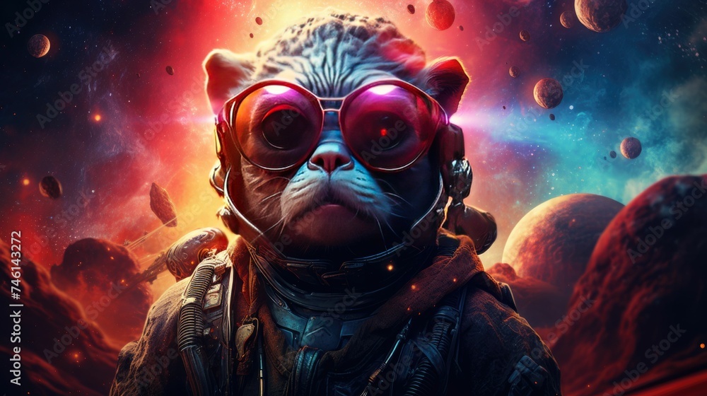 A cat in an astronaut suit with cool glasses against a cosmic backdrop