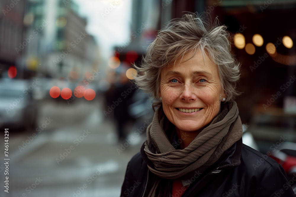 Mature active senior woman with grey hair and smiling in city street Mature active senior woman with grey hair and smiling in city street