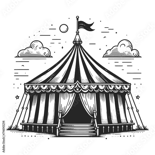 Circus tent sketch line art engraving generative ai vector illustration. Scratch board imitation. Black and white image.