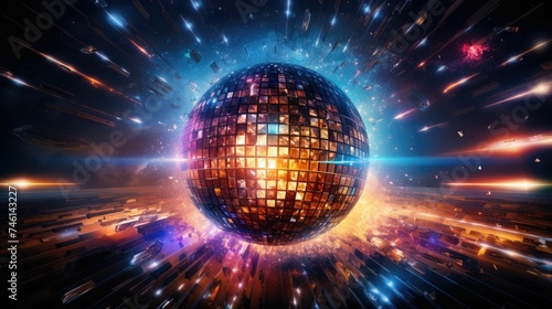 A shimmering disco ball radiates light in a cosmic setting