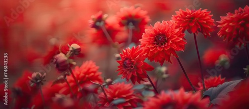 A collection of stunning red dahlias standing out against the green grass in a garden setting. The bright red flowers add a pop of color to the landscape. © 2rogan
