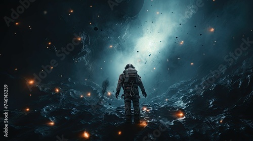 An astronaut stands on an alien planet's rocky surface
