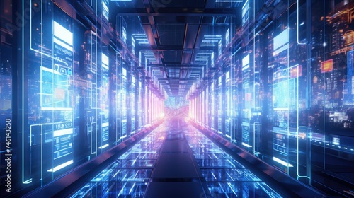 Data streams flow through a futuristic server room