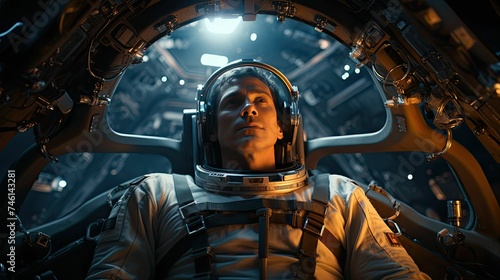 Astronaut gazing intently in a futuristic spacecraft