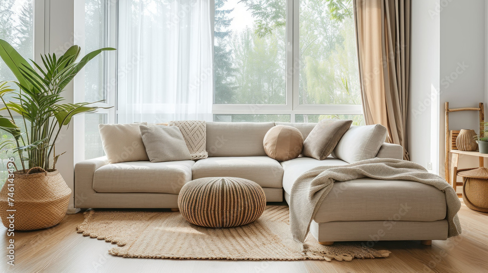 Obraz premium A cozy and inviting living room that offers a stunning forest view through large windows, bathed in natural light with comfortable textiles and earthy tones.