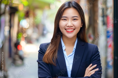 Young happy pretty smiling professional asian businesswoman, happy confident positive female entrepreneur standing outdoor on street arms crossed, looking at camera
