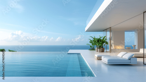 A breathtaking beachfront villa with modern architecture, featuring an infinity pool, palm trees, and panoramic ocean views.
