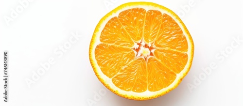 A refreshing citrus delight captured on camera  an orange has been expertly cut in half  showcasing its vibrant colors and juicy texture  set against a pure and clean white background.