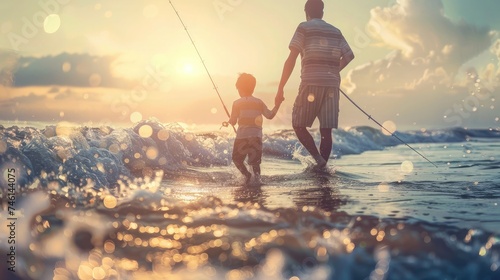 Father and son fishing in ocean surf at sunset.