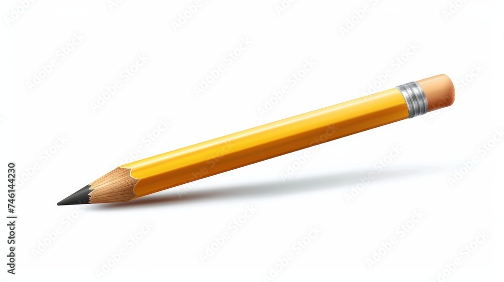 Vector realistic yellow wooden pencil with rubber eraser. Sharpened detailed office mockup, school instrument, creativity, idea, education and design symbol. Isolated illustration, white background Vector realistic yellow wooden pencil with rubber eraser. Sharpened detailed office mockup, school instrument, creativity, idea, education and design symbol. Isolated illustration, white background