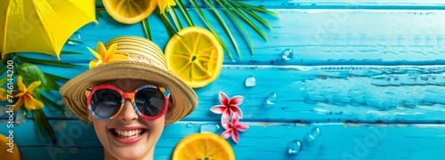 A stylish woman with a straw hat and trendy sunglasses enjoying the sunny weather, exuding a carefree and chic vibe. Room for copyspace photo