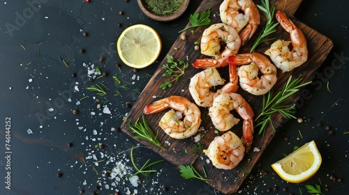 Fresh shrimps prawns seafood lemon lime with herbs and spice, Shrimp peeled on wooden cutting board dark background dining table food, top view