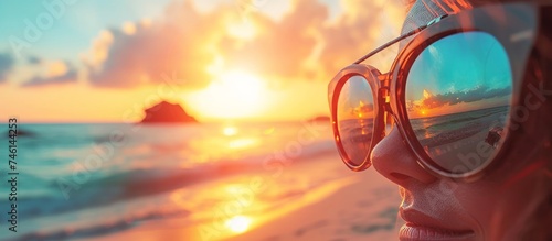 A stylish woman in sunglasses gazes serenely out at the vast expanse of the ocean, her face reflecting the calm beauty of the seascape .Copyspace available photo