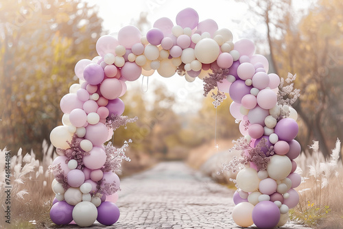 Close up of Pastel pink, purple, lilac and white balloon arch