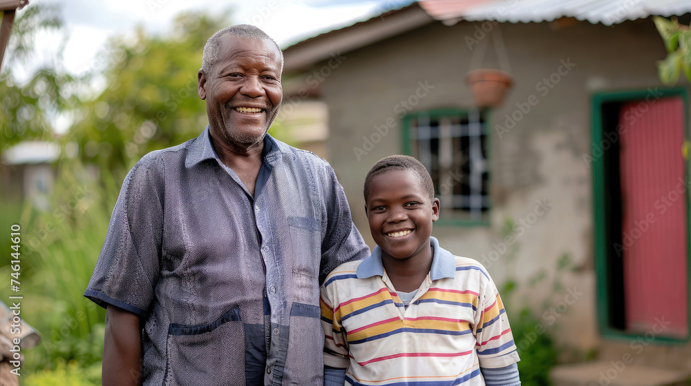 Smiling senior man standing with son in front of house Smiling senior man standing with son in front of house