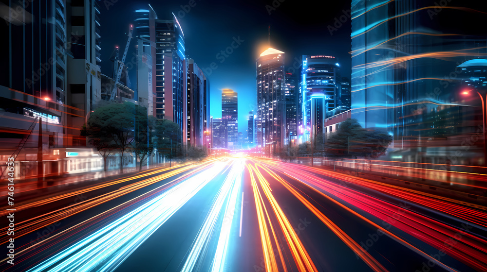 Fototapeta premium Abstract speeding motion blurred city and light trails, 3D rendering