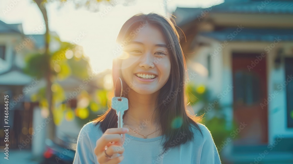 Woman buying or rent new home she holding key front of new house ...
