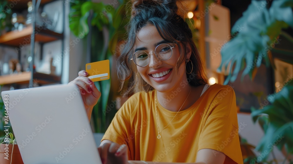 Fototapeta premium Young beautiful successful hispanic woman working inside office with laptop, businesswoman happy and satisfied holding bank credit card in hands, shopping in online store, choosing gifts