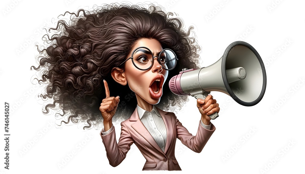 Femme caricaturée hurlant dans un mégaphone - obrazy, fototapety, plakaty 