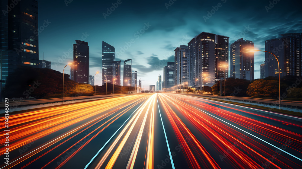 Abstract speeding motion blurred city and light trails, 3D rendering