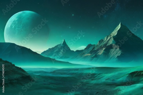 Dark mountains, Shimmering emerald dust, alien night landscape, a monochromatic teal palette. surreal ambiance.