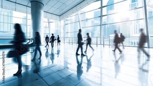 Blurred motion of business people walking briskly in a modern corporate office lobby with cityscape background.