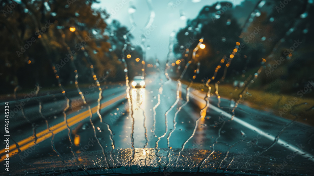 Rainy Drive: A World Refracted, a view though a car windshield on a rainy highway - obrazy, fototapety, plakaty 