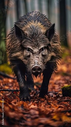 Wild Boar Roaming the Autumn Forest Floor at Dusk