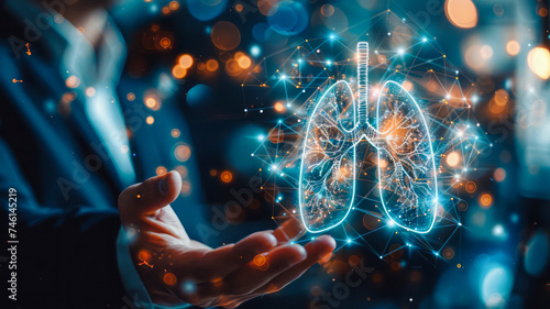A person handles icons related to the medical network, including a lung hologram. Conceptually, this represents the synthesis of technology and medicine, with a focus on innovation and digital health  photo