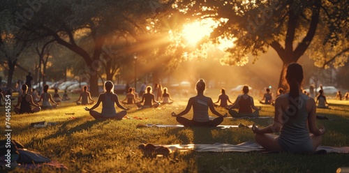 Young people during a yoga session in the park at sunset.