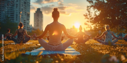 Young people during a yoga session in the park at sunset. photo