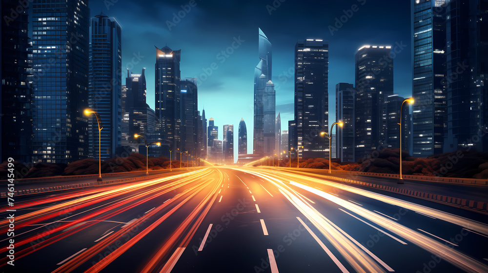 Fototapeta premium Abstract speeding motion blurred city and light trails, 3D rendering