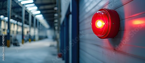 A red emergency stop light, mounted on the side of a building in an industrial hall, signaling danger and ensuring safety and security. photo