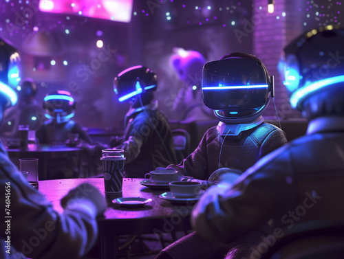 People seated at a table wearing virtual reality glasses in a cafe. Cyberpunk style, city of the future, neon colors.