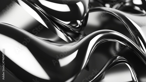 Shiny wavy fluid black and white chromatic waves background. Glossy metal surface in silver color. Retro psycho 3d shaped desktop wallpaper.