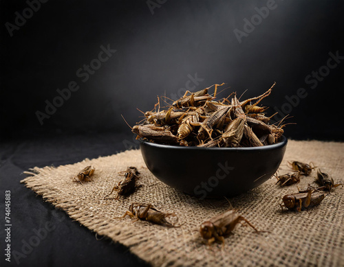 dried crickets in a black bowl placed on eco fabric, black background, restaurant, product photography photo