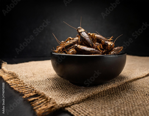 dried crickets in a black bowl placed on eco fabric, black background, restaurant, product photography photo