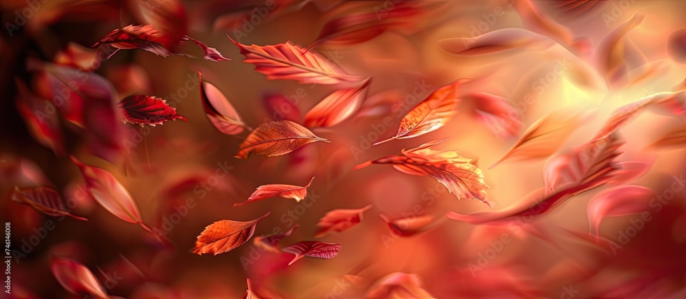 A group of vibrant red leaves is seen floating gracefully through the air, carried by the gentle breeze. The leaves appear to be dancing in mid-air against a blurred background, with their intricate